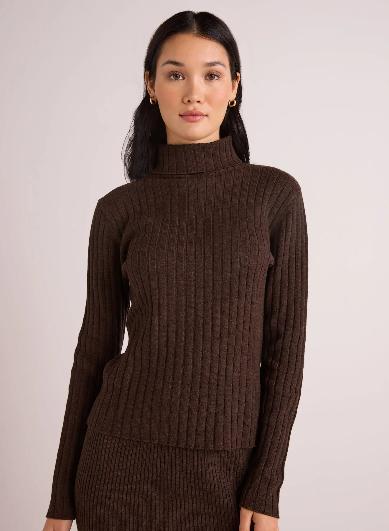 Ribbed Knit Turtleneck Sweater - Heather Brown sold by Bella Dahl