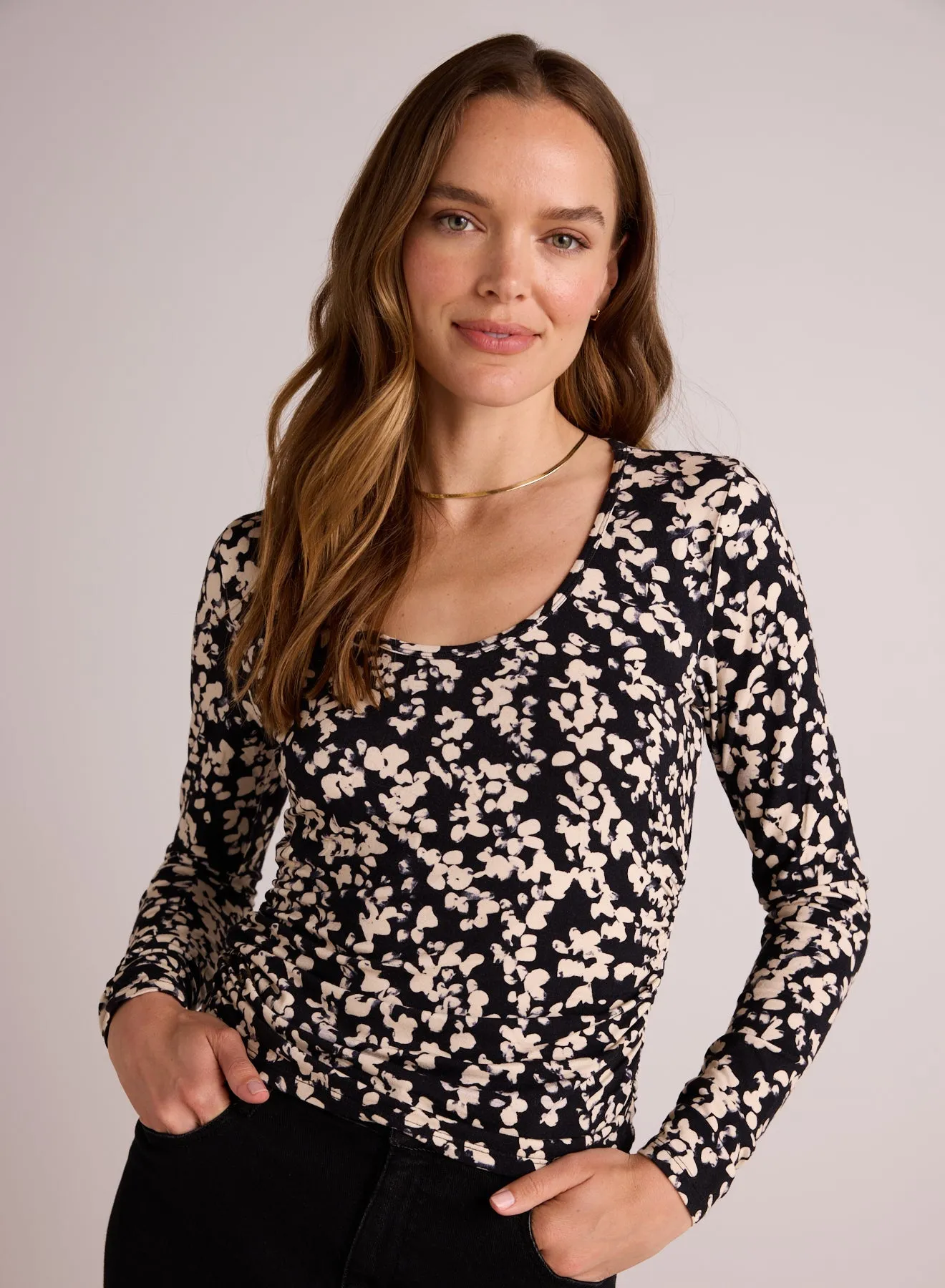 Scoop Neck Shirred Long Sleeve Knit Top - Ditsy Floral Print sold by Bella Dahl