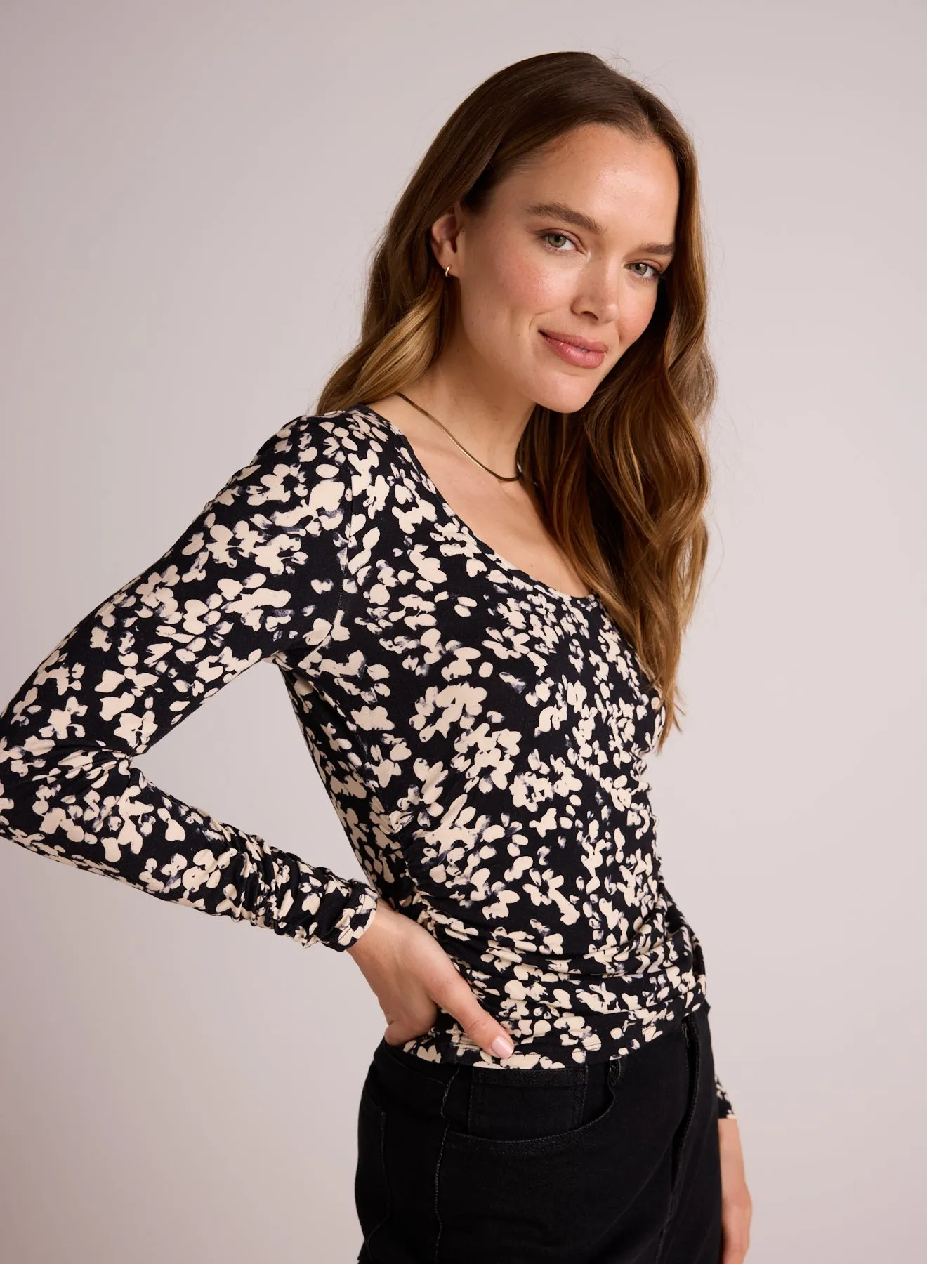 Scoop Neck Shirred Long Sleeve Knit Top - Ditsy Floral Print sold by Bella Dahl product image thumbnail 3