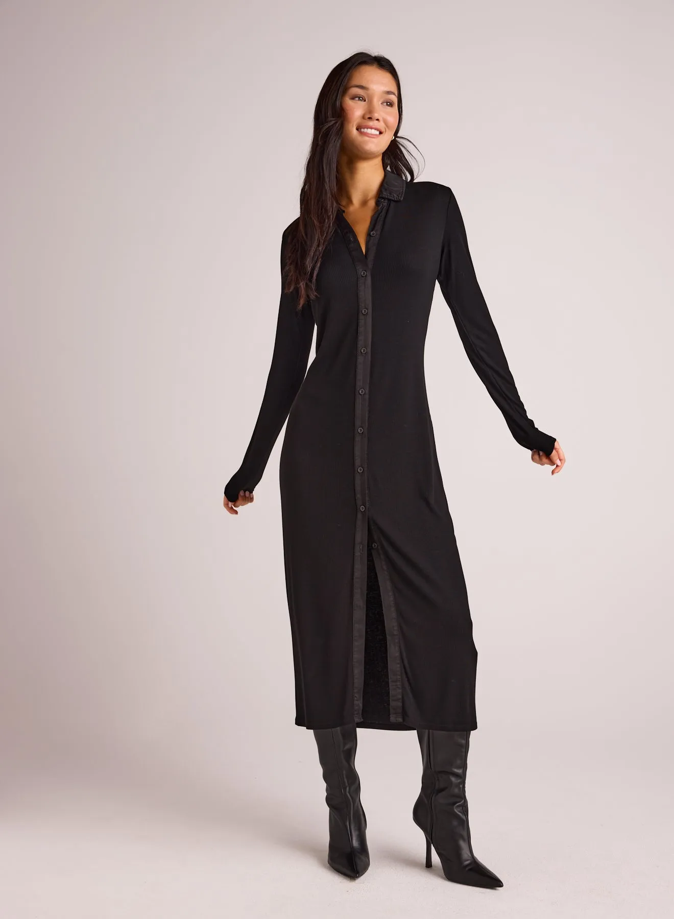 Rib Button Down Shirt Dress - Black sold by Bella Dahl