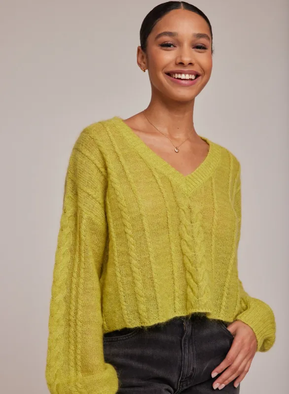 Cropped Oversized V-Neck Cable Sweater - Golden Chartreuse sold by Bella Dahl