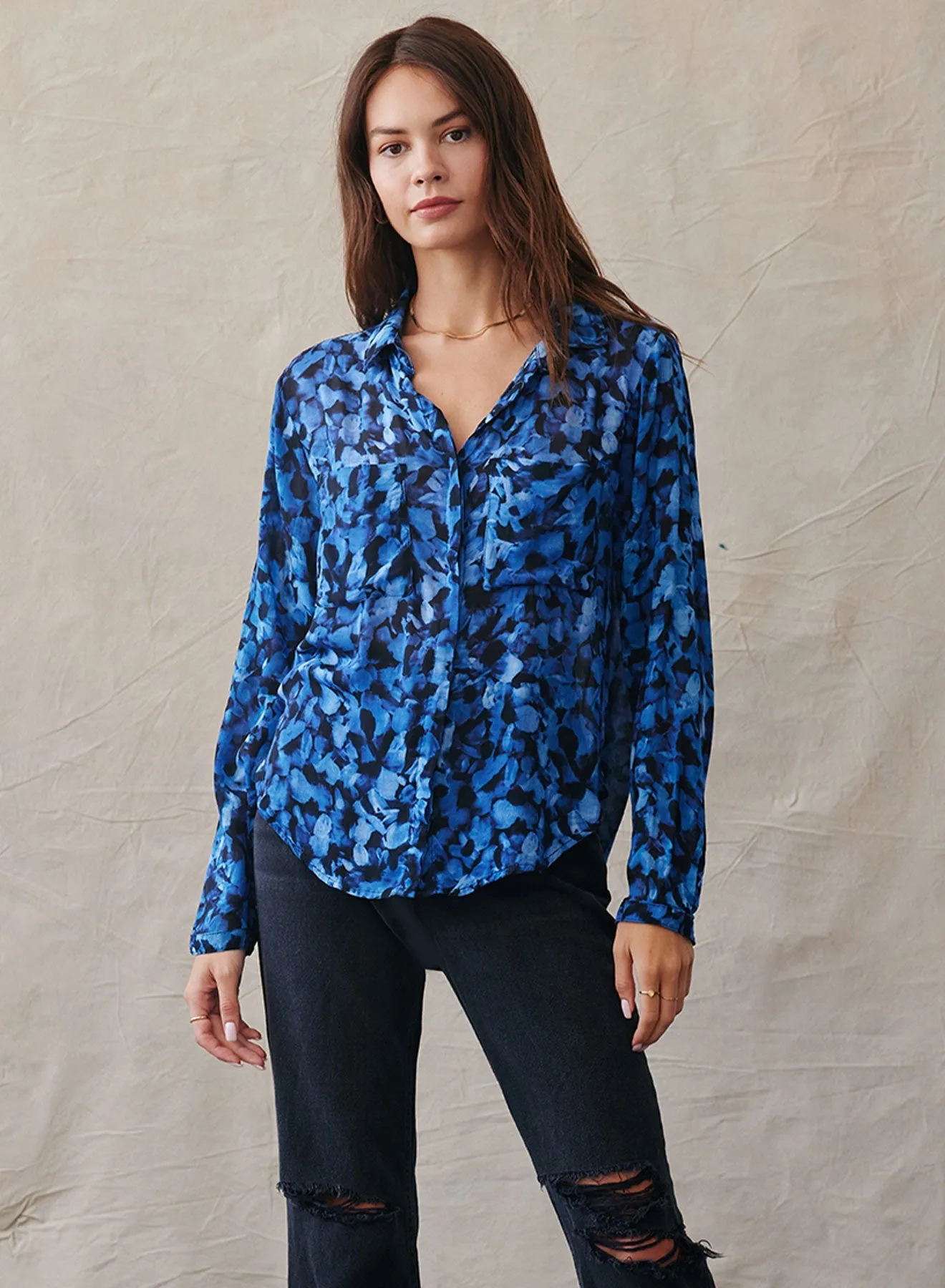 Full Button Down Hipster Shirt - Cobalt Floral Print sold by Bella Dahl