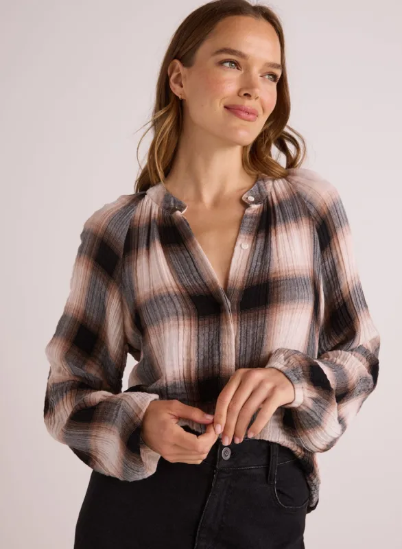 Long Sleeve Shirred Raglan Shirt - Winter Taupe Plaid sold by Bella Dahl