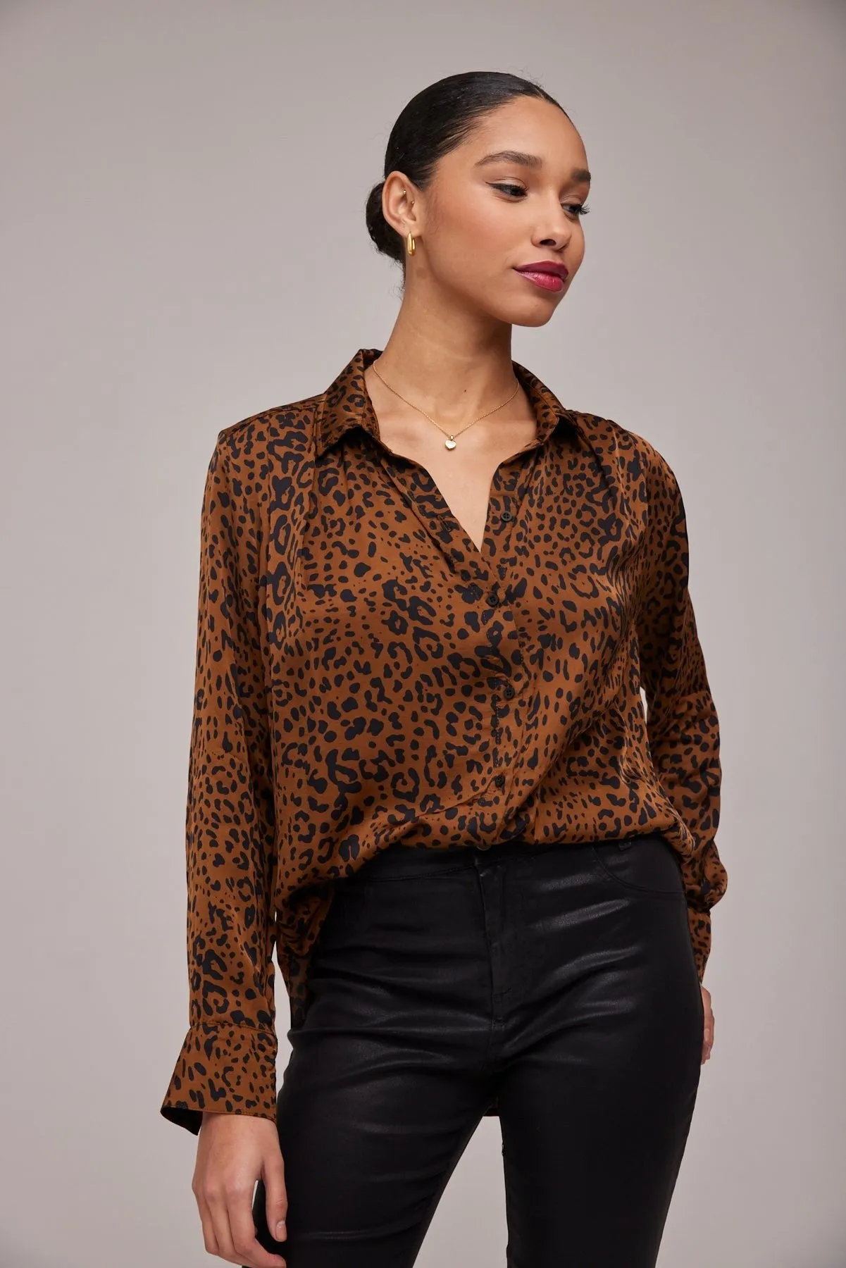 Satin Leopard Pleated Button Down Shirt -Gold Spots Print sold by Bella Dahl product image thumbnail 4