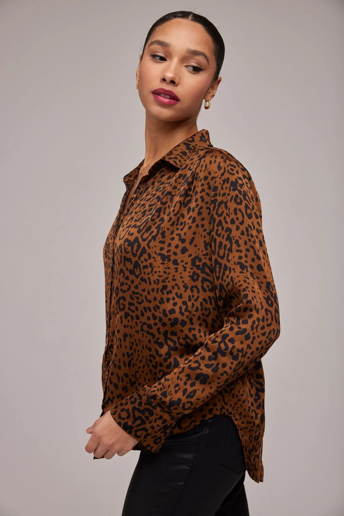Satin Leopard Pleated Button Down Shirt -Gold Spots Print sold by Bella Dahl product image thumbnail 2