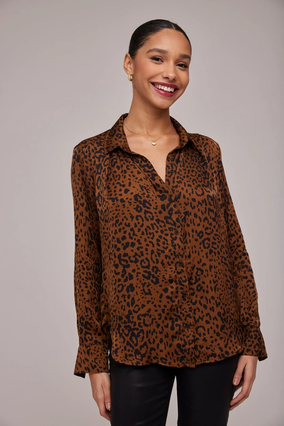 Satin Leopard Pleated Button Down Shirt -Gold Spots Print sold by Bella Dahl