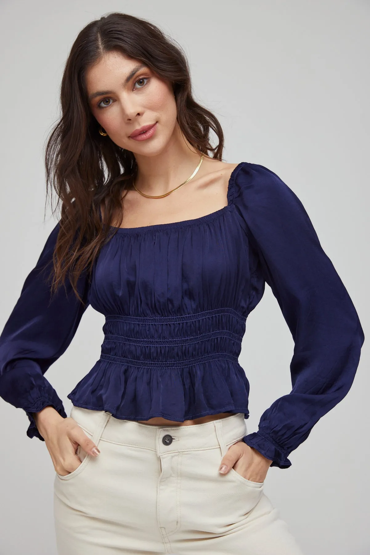Smocked Long Sleeve Puff Sleeve Top - Midnight Royal sold by Bella Dahl