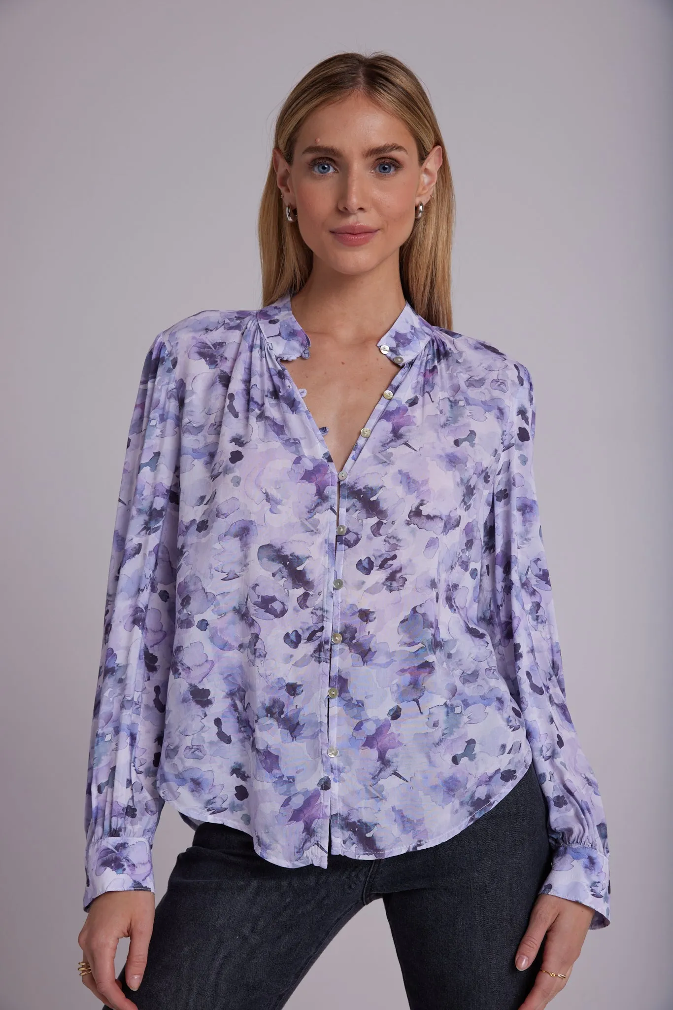 Shirred Button Up Blouse - Lilac Floret Print sold by Bella Dahl