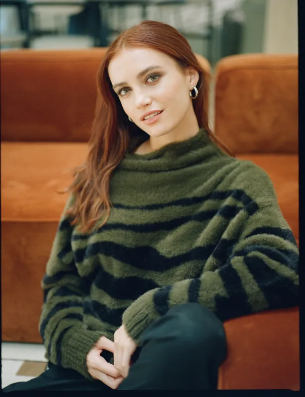 Fuzzy Mock Neck Sweater - Jasper Green Zebra sold by Bella Dahl
