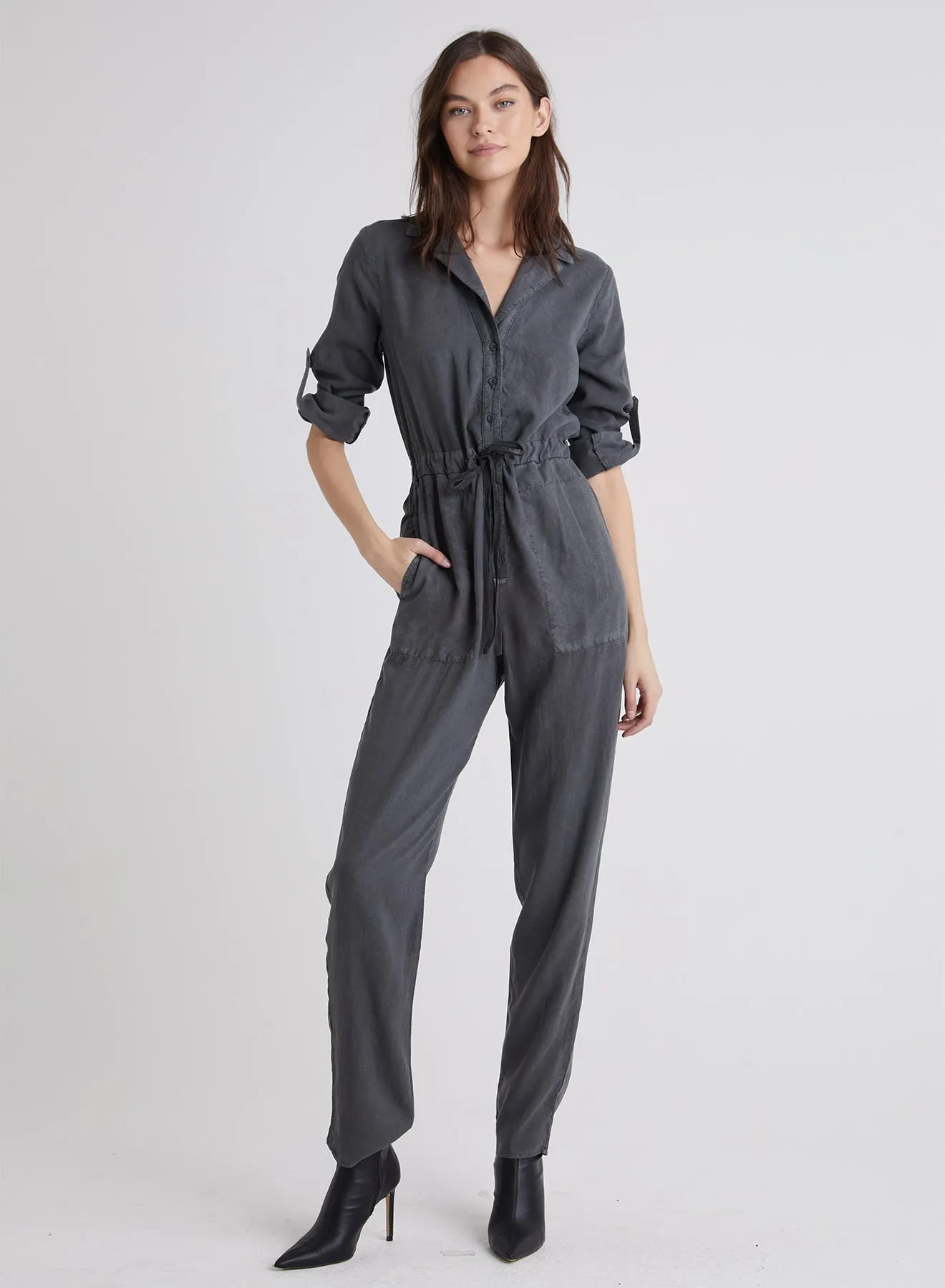 Anchor Roll Tab Sleeve Jumpsuit - Smoke Stack sold by Bella Dahl