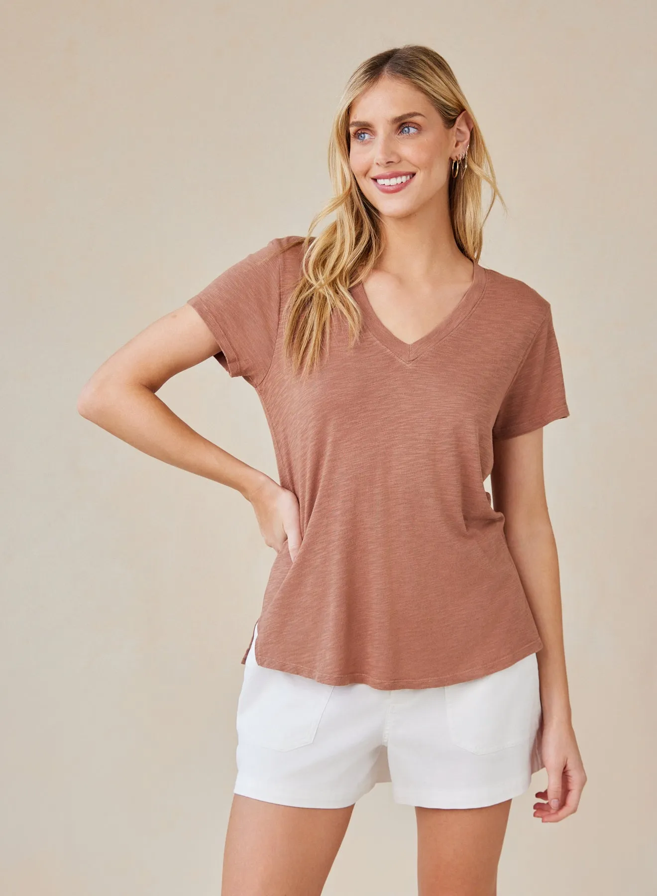 Side Slit V-Neck Tee - Terracotta Brown sold by Bella Dahl