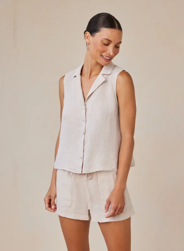 Linen Sleeveless Notch Collar Button Down - Linen Sand sold by Bella Dahl