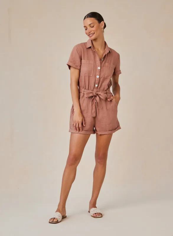 Linen Rolled Hem Utility Romper - Terracotta Brown sold by Bella Dahl