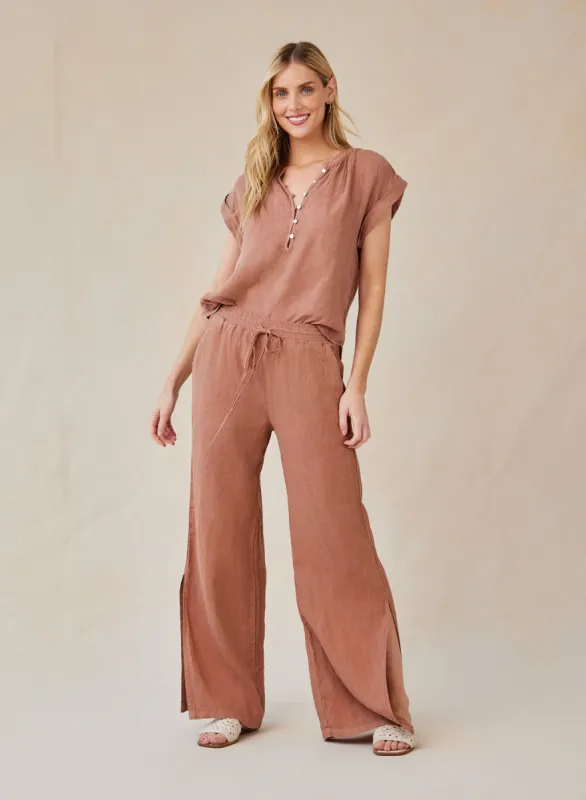 Linen Side Slit Wide Leg Pant - Terracotta Brown sold by Bella Dahl