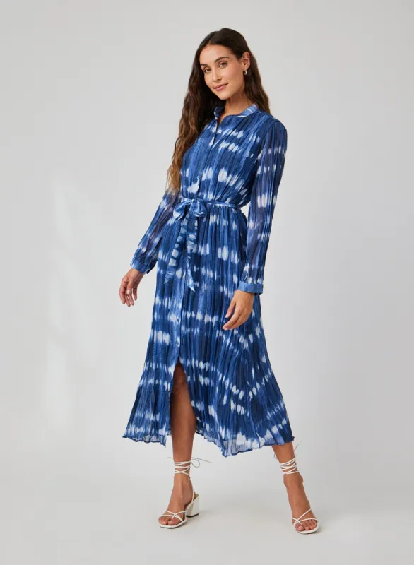 Long Sleeve Pleated Maxi Shirt Dress - Ocean Tides Print made by Bella Dahl