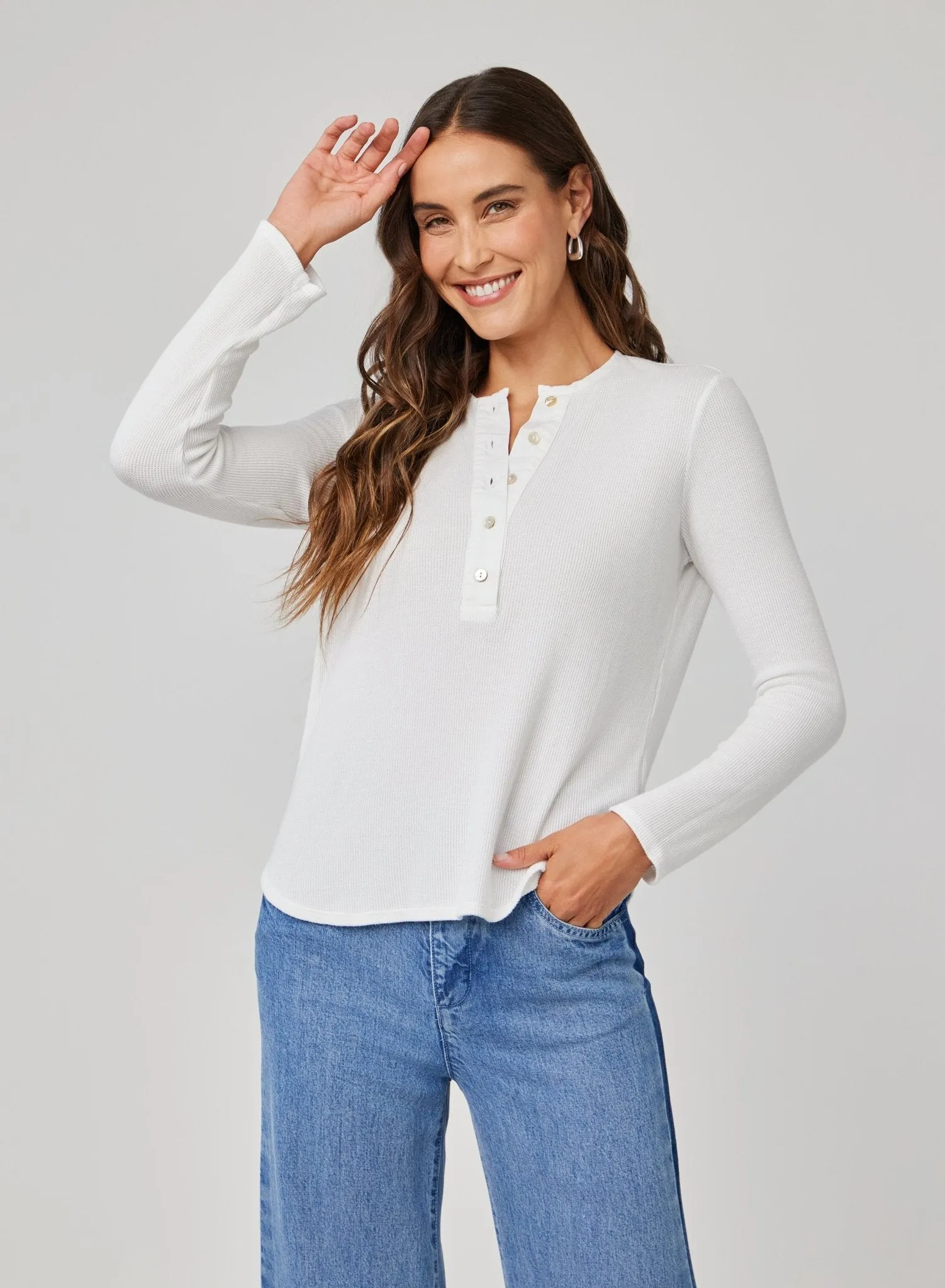 Long Sleeve Wide Placket Henley - White sold by Bella Dahl