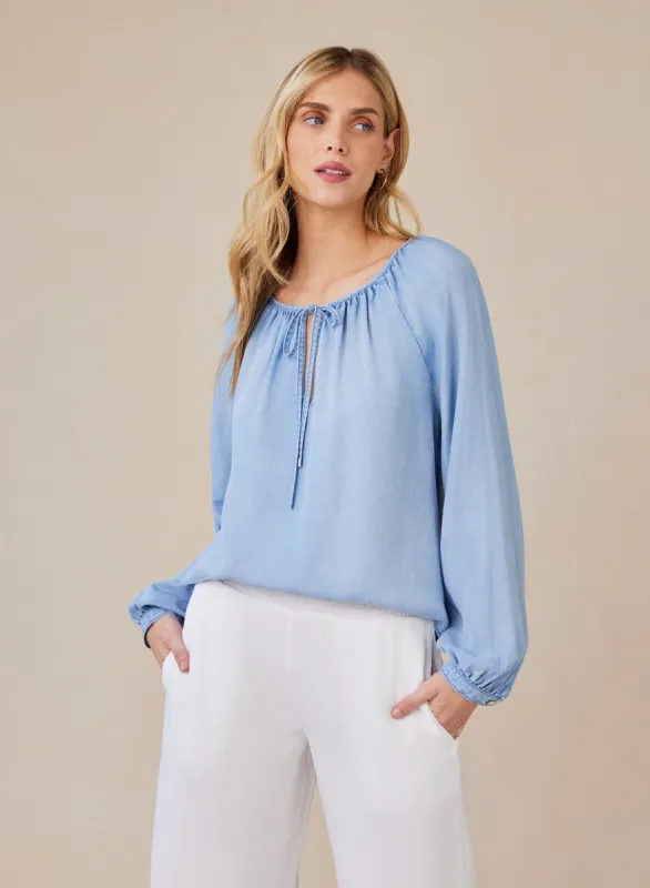 Shirred Raglan Tie Front Blouse - Coastal Spray Wash sold by Bella Dahl