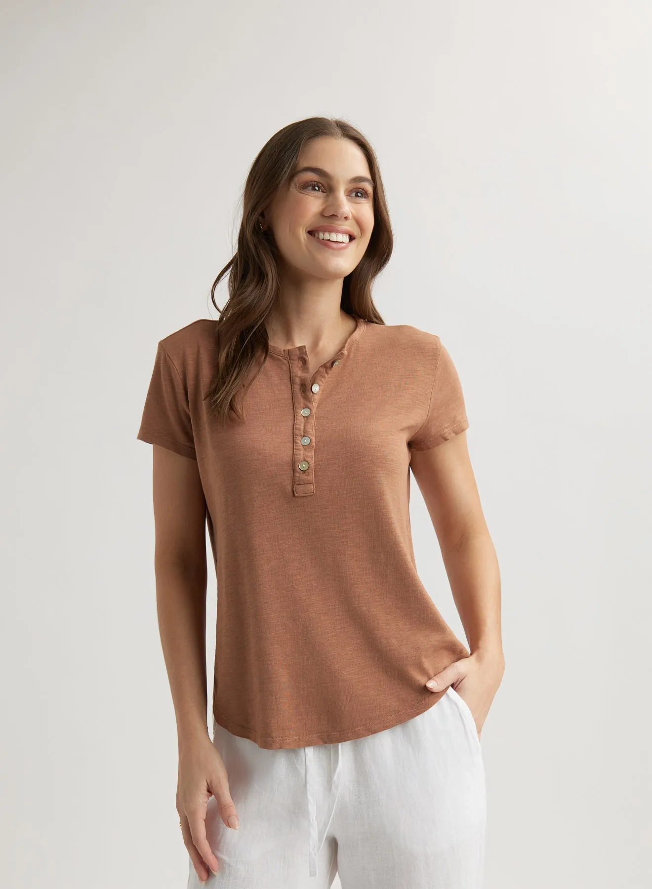 Short Sleeve Henley - Terracotta Brown sold by Bella Dahl