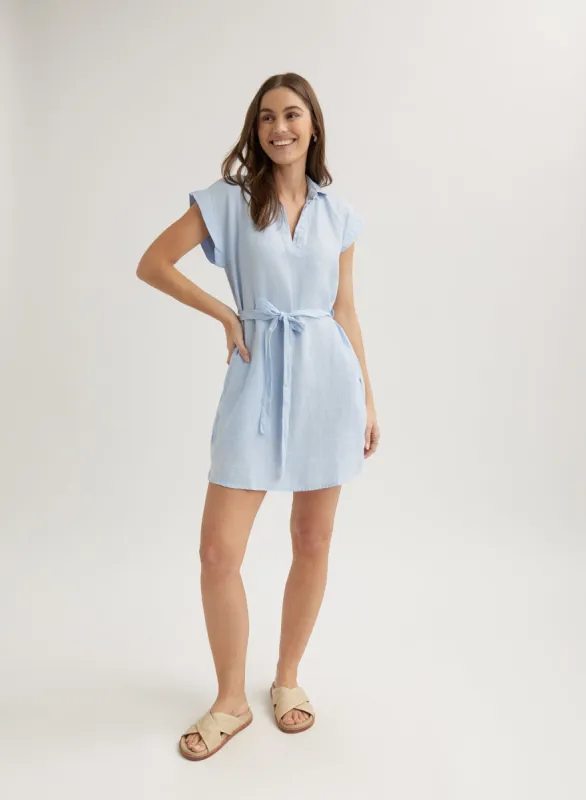 Linen Belted Tunic Shirt Dress - Perennial Blue sold by Bella Dahl