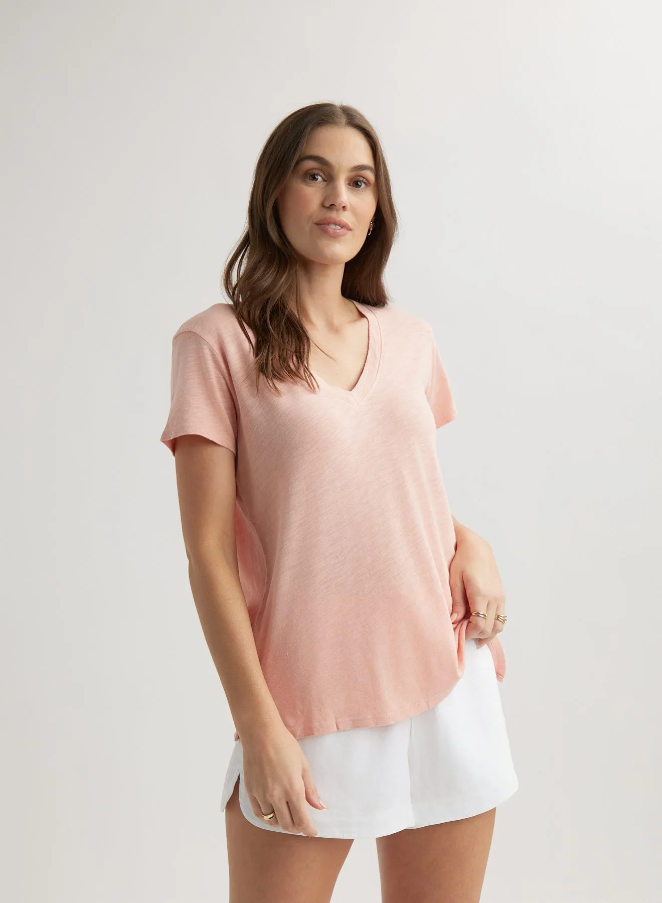 Side Slit V-Neck Tee - Peach Fizz sold by Bella Dahl