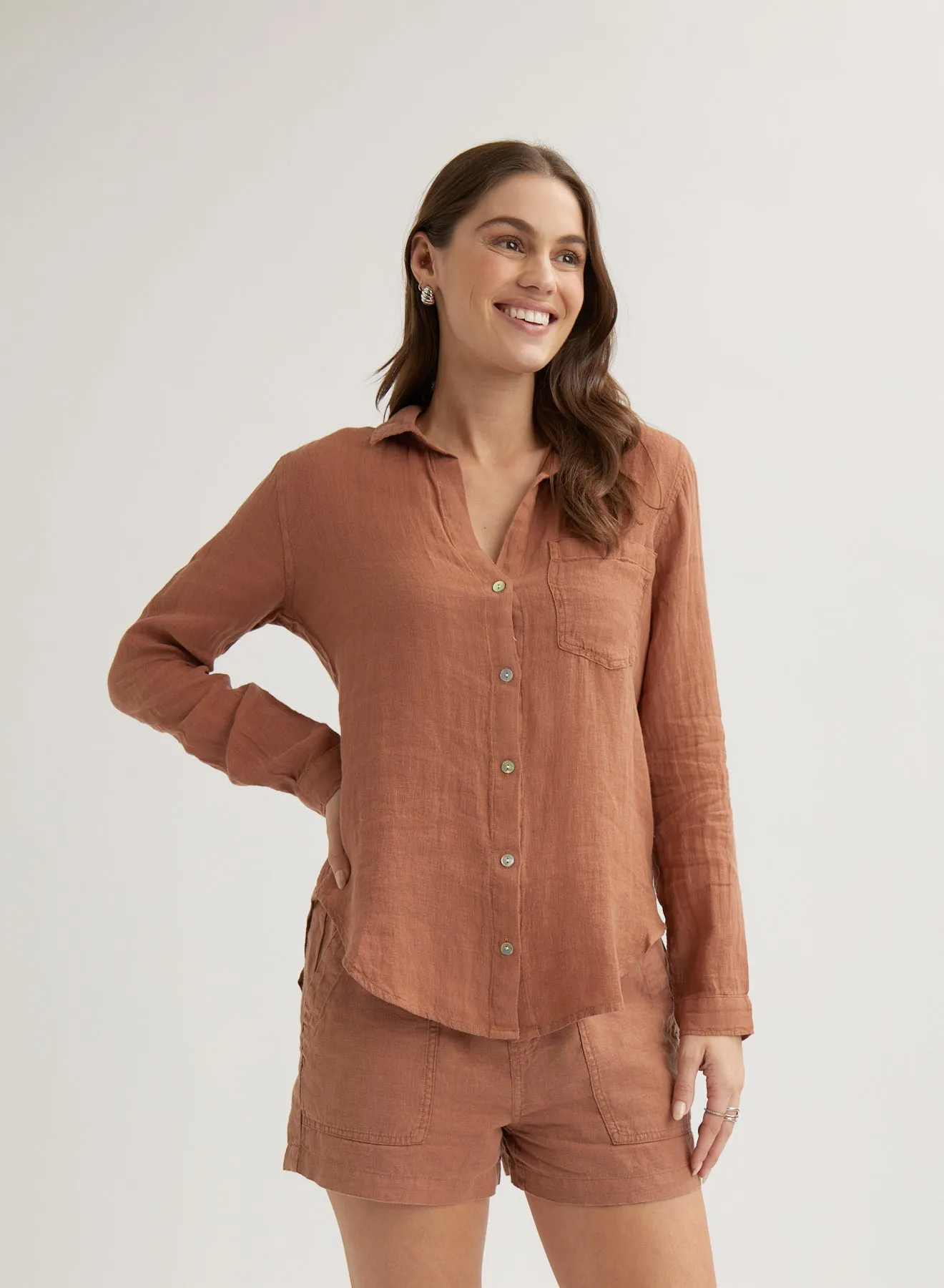 Pocket Button Down - Terracotta Brown sold by Bella Dahl