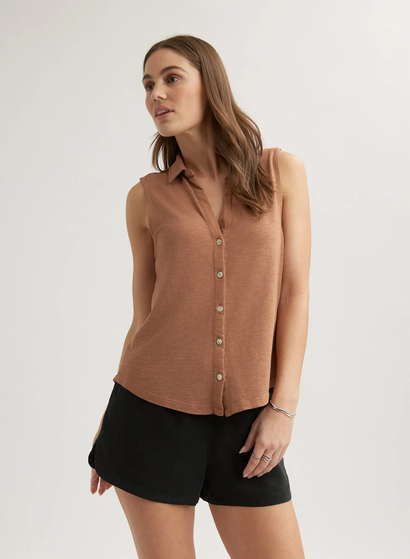 Sleeveless Button Front Top - Terracotta Brown sold by Bella Dahl