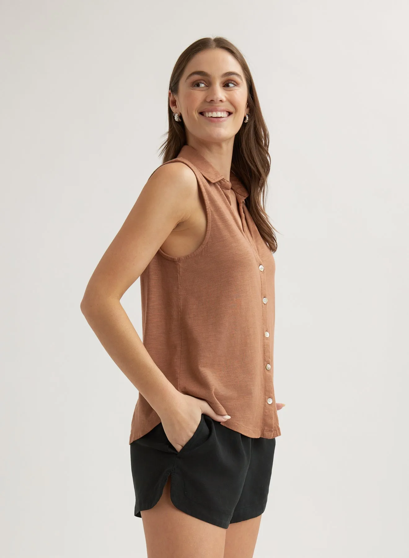 Sleeveless Button Front Top - Terracotta Brown sold by Bella Dahl product image thumbnail 3