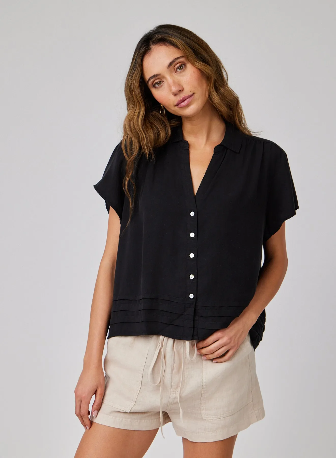 Cap Sleeve Pintuck Button Down - Black sold by Bella Dahl