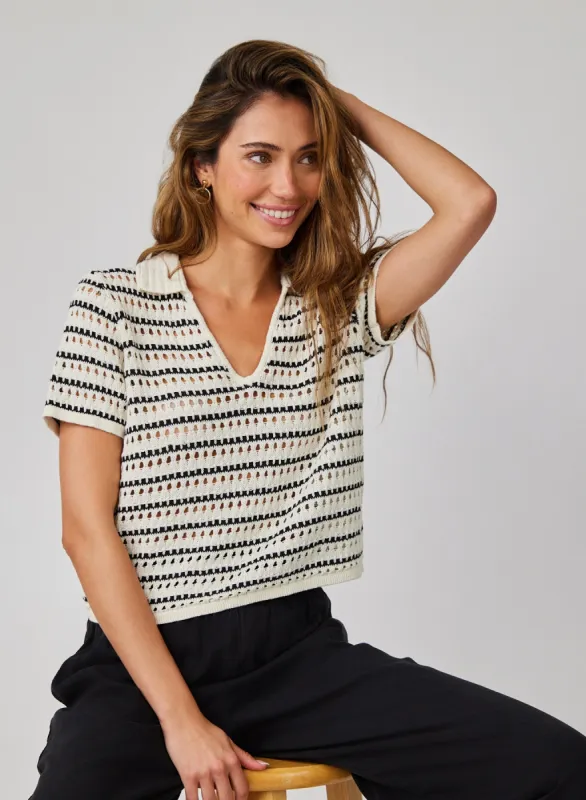 Collared Popover Sweater - Ivory & Black Stripes sold by Bella Dahl