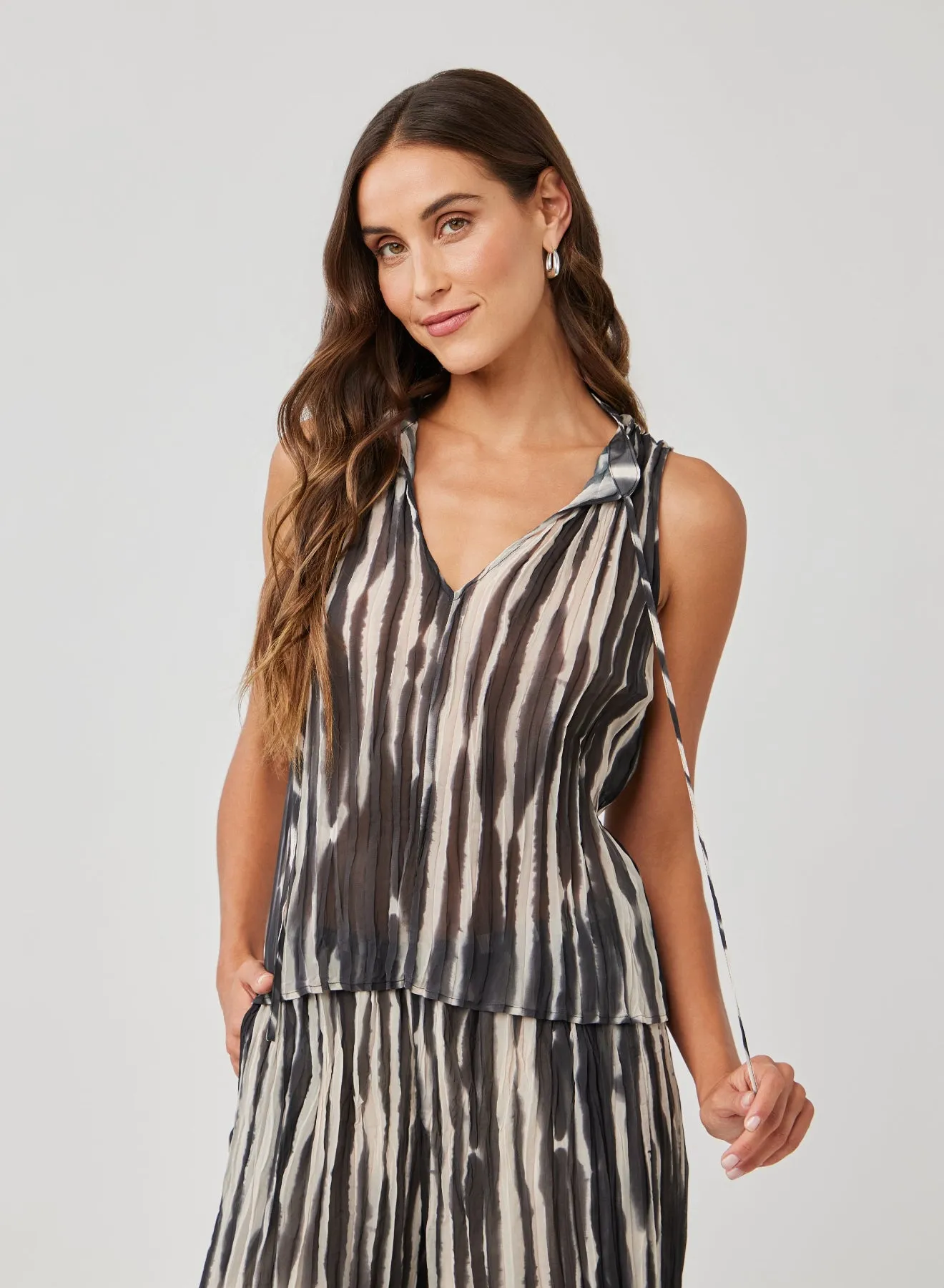 Tie Neck Pleated Top - Brushed Stripe Print sold by Bella Dahl