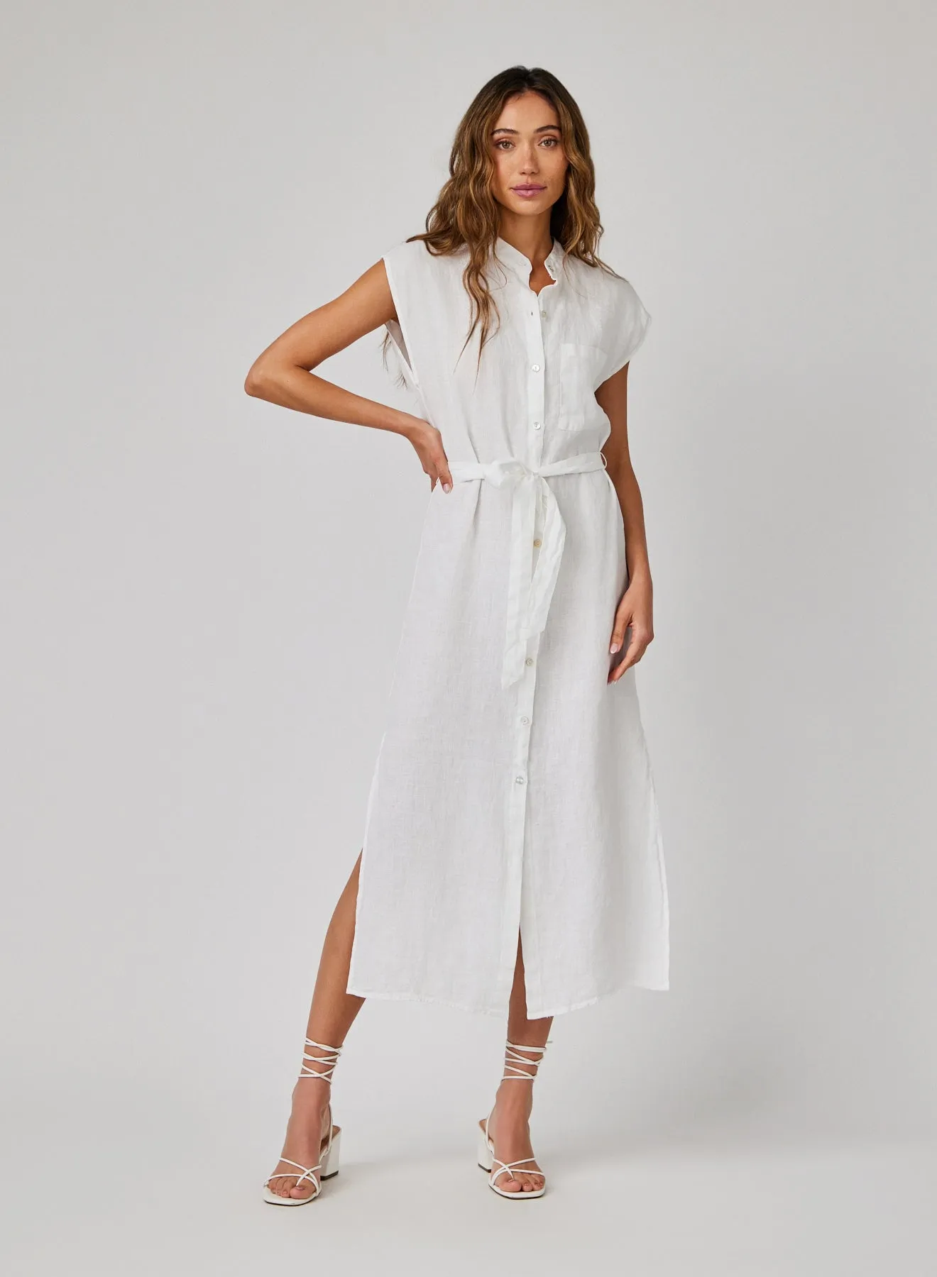 Linen Cap Sleeve Button Front Midi Dress - White sold by Bella Dahl