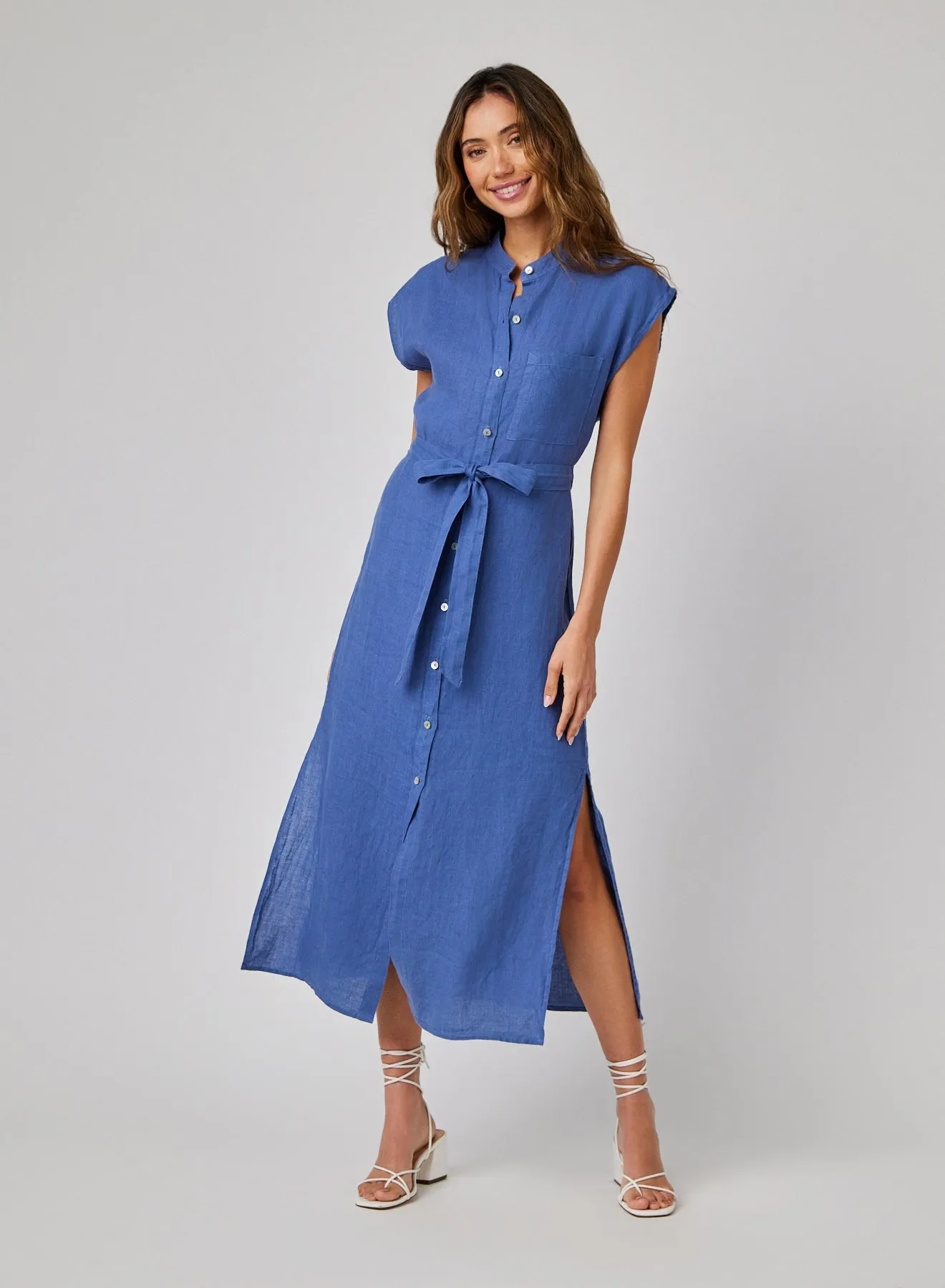 Linen Cap Sleeve Button Front Midi Dress - Antique Indigo sold by Bella Dahl product image thumbnail 2