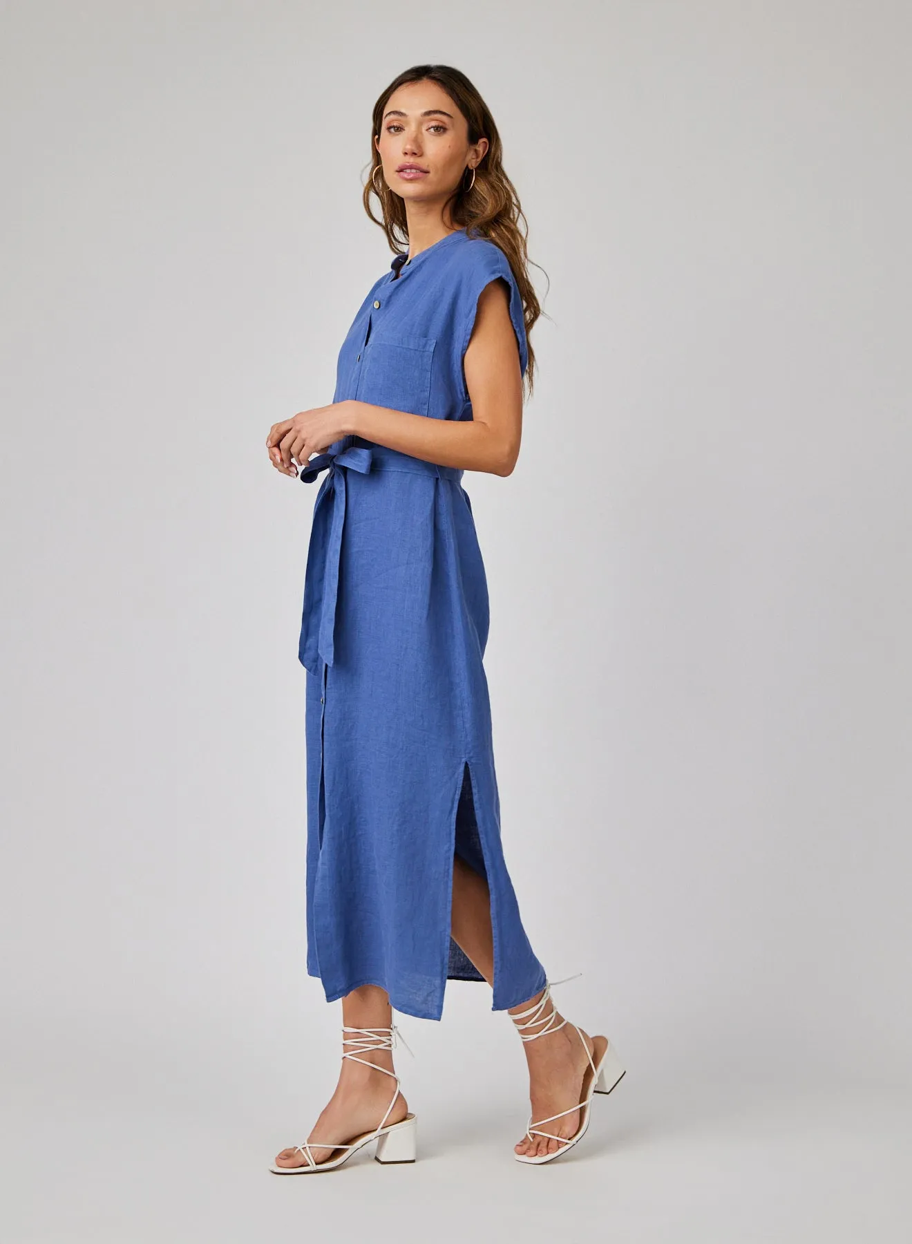 Linen Cap Sleeve Button Front Midi Dress - Antique Indigo sold by Bella Dahl product image thumbnail 4