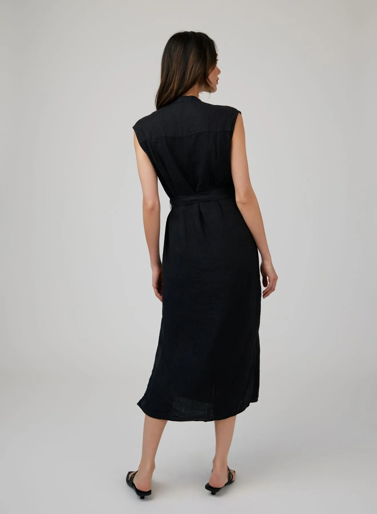 Linen Cap Sleeve Button Front Midi Dress - Black sold by Bella Dahl product image thumbnail 2