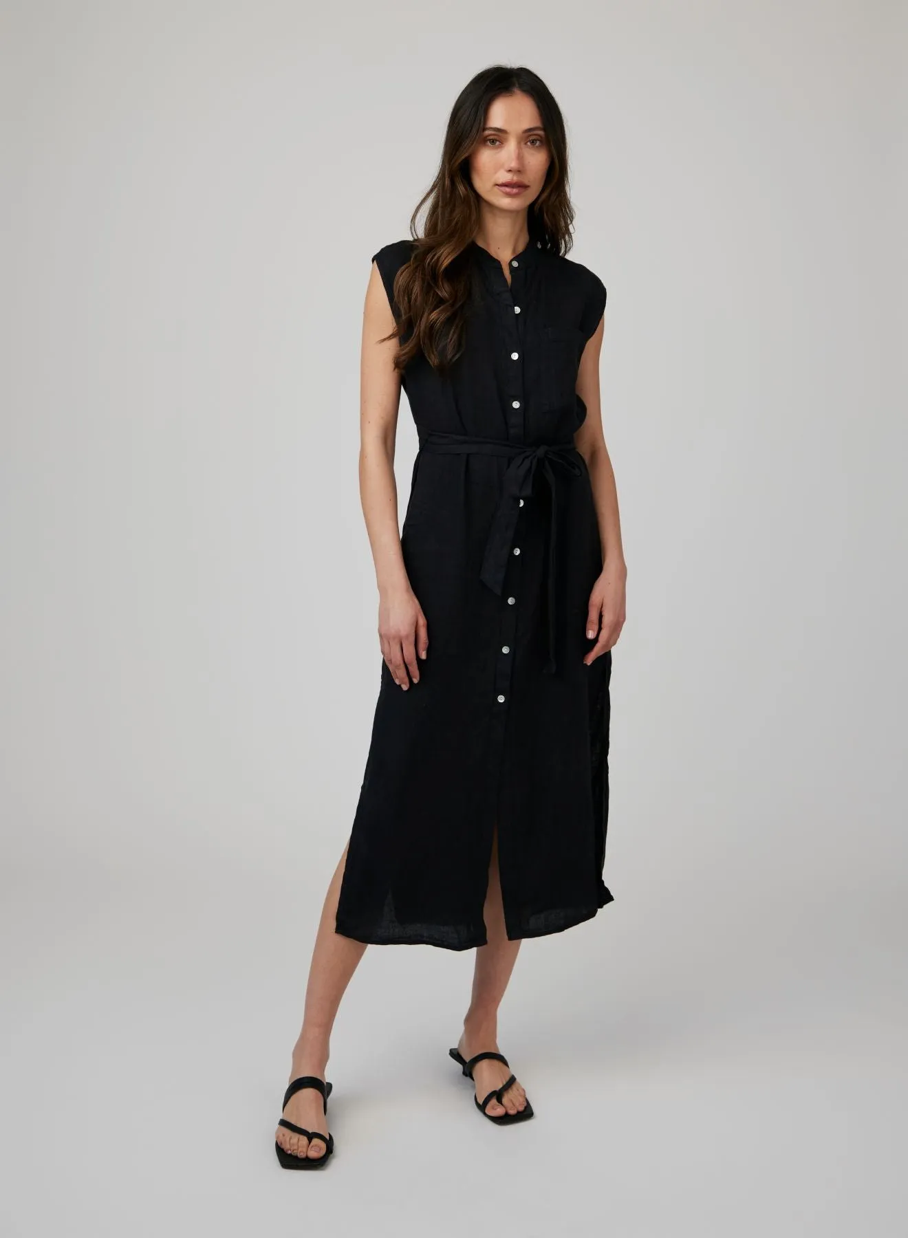 Linen Cap Sleeve Button Front Midi Dress - Black sold by Bella Dahl