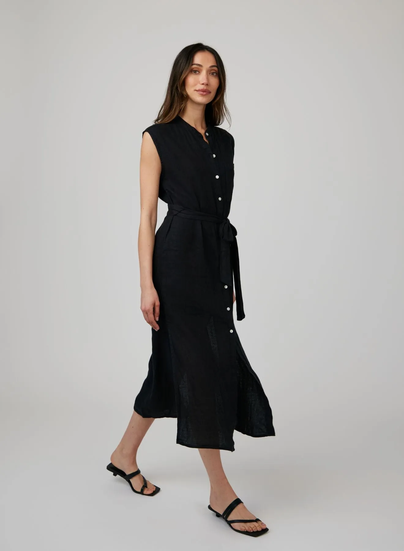Linen Cap Sleeve Button Front Midi Dress - Black sold by Bella Dahl product image thumbnail 3