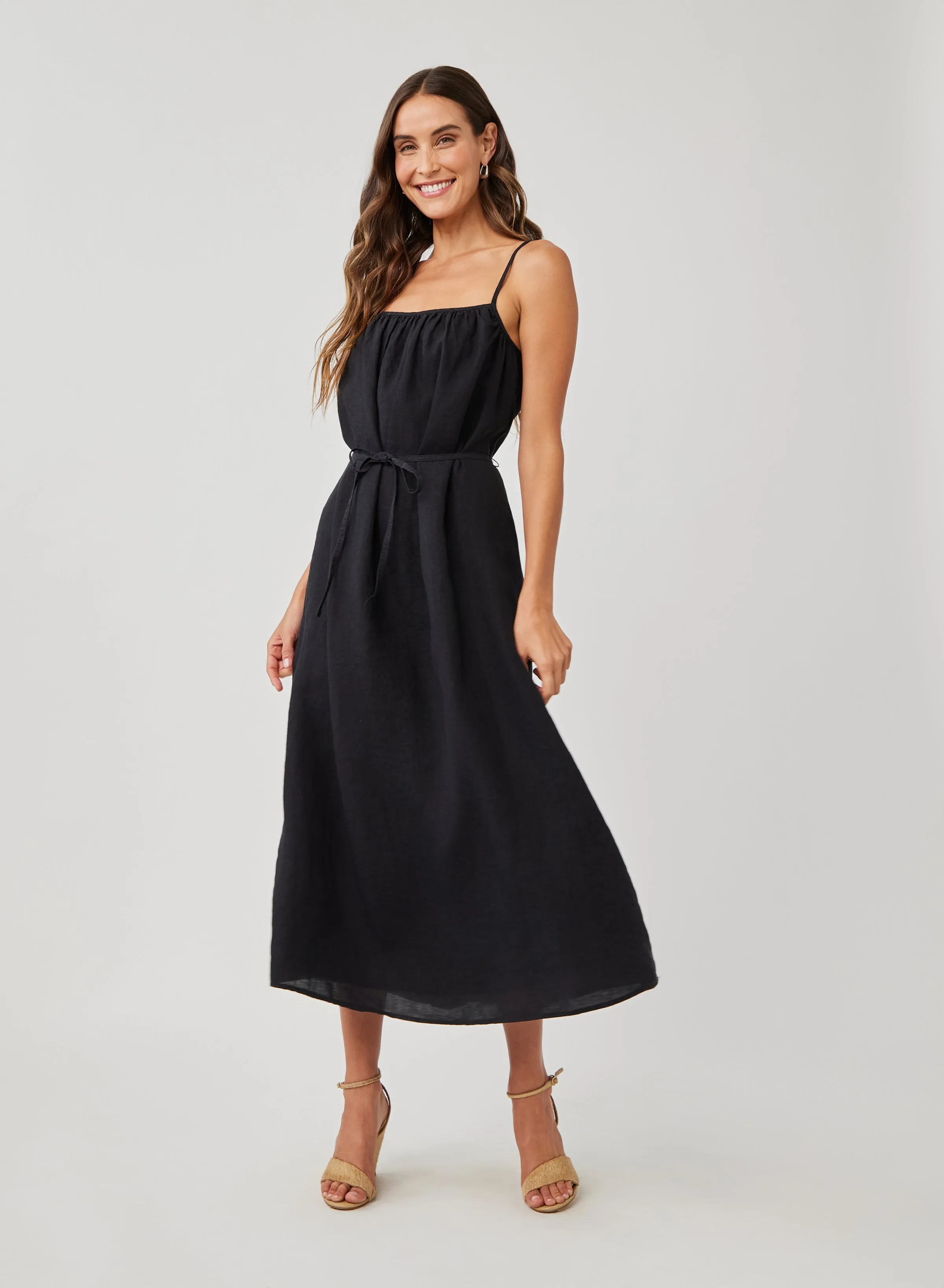 Linen Shirred Maxi Dress - Black sold by Bella Dahl