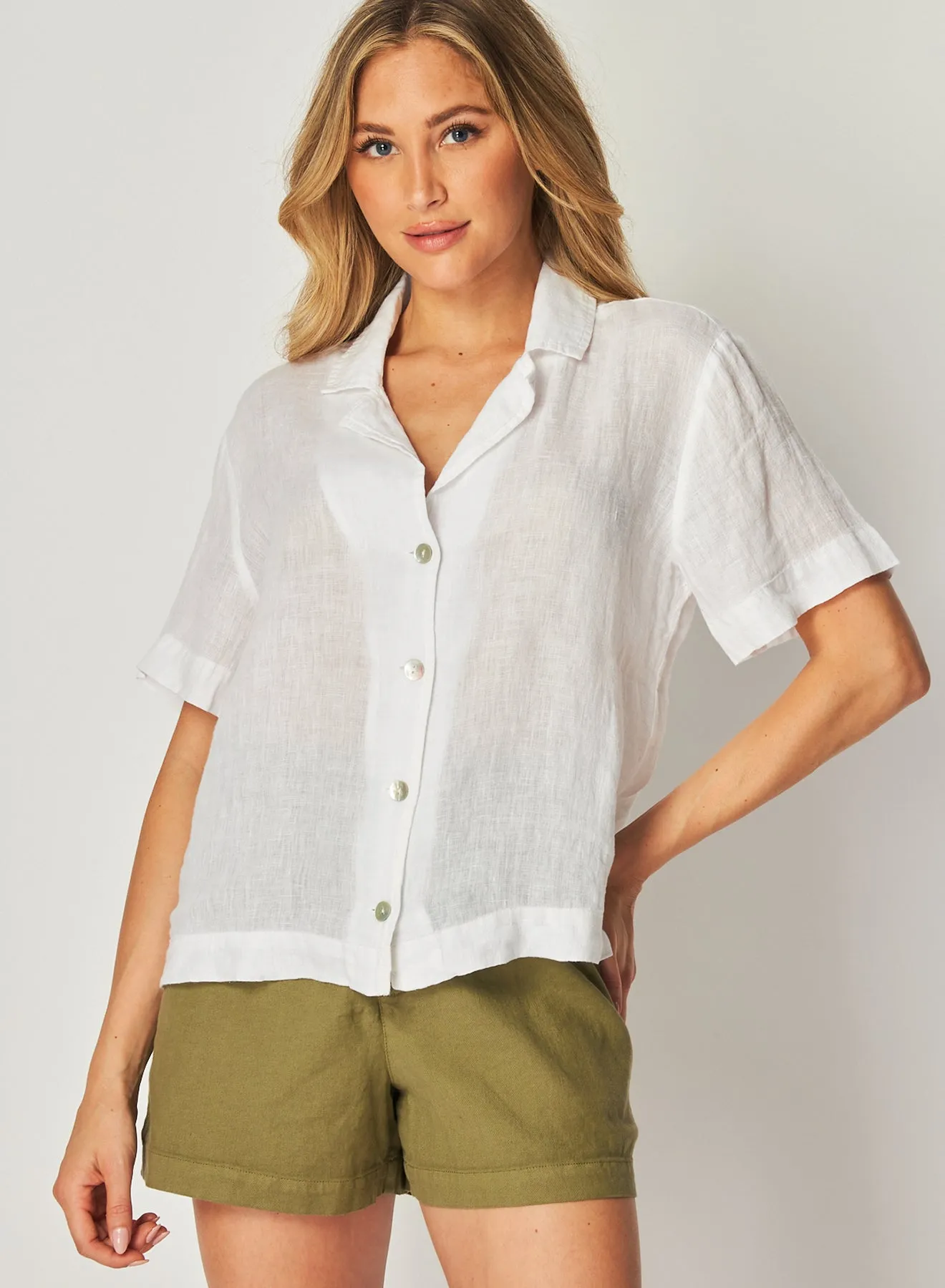 Linen Short Sleeve Flowy Button Down - White sold by Bella Dahl