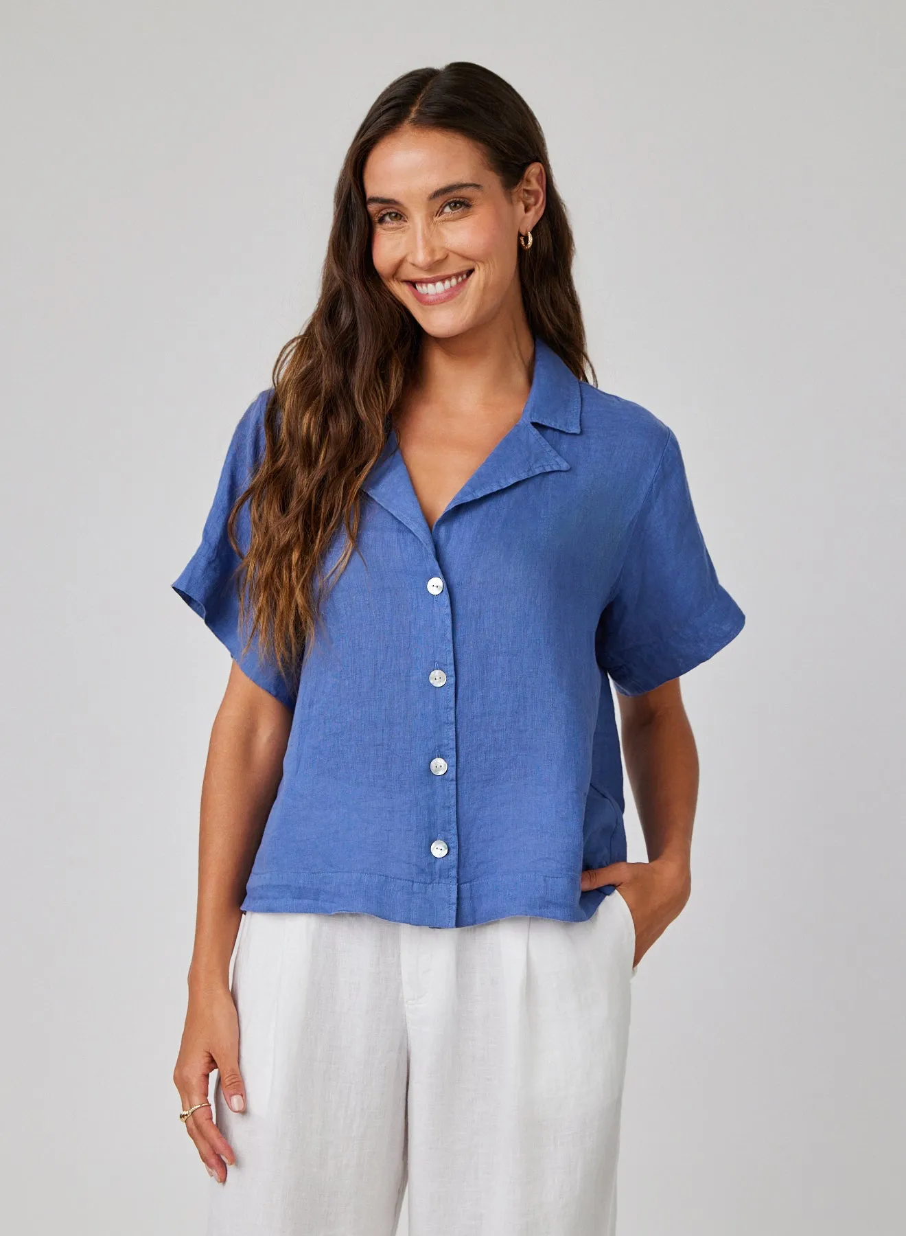 Linen Short Sleeve Flowy Button Down - Antique Indigo sold by Bella Dahl