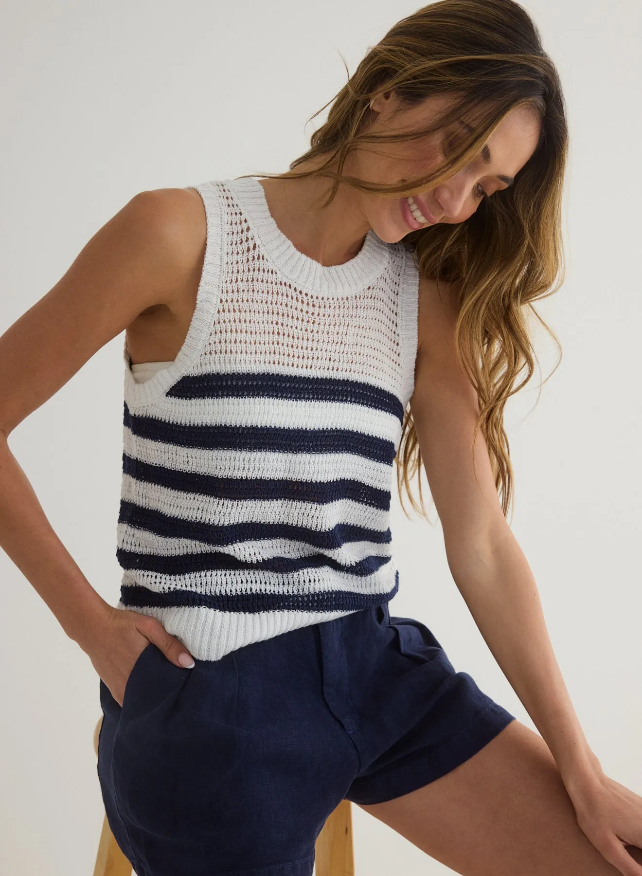 Sleeveless Crew Neck Top - Navy & White Stripe sold by Bella Dahl product image thumbnail 4