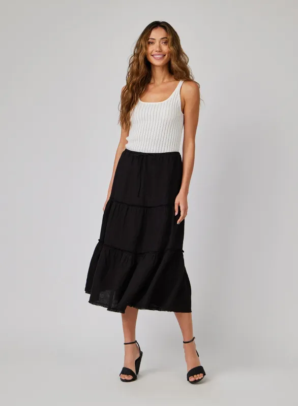Linen Frayed Tiered Skirt - Black made by Bella Dahl