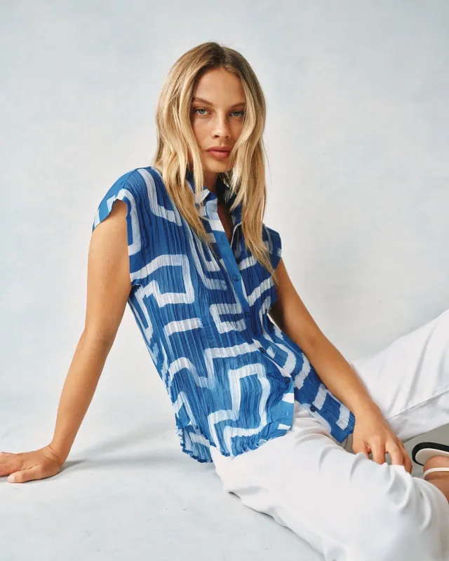 Pleated Roll Sleeve Button Down - Coastal Line Print sold by Bella Dahl