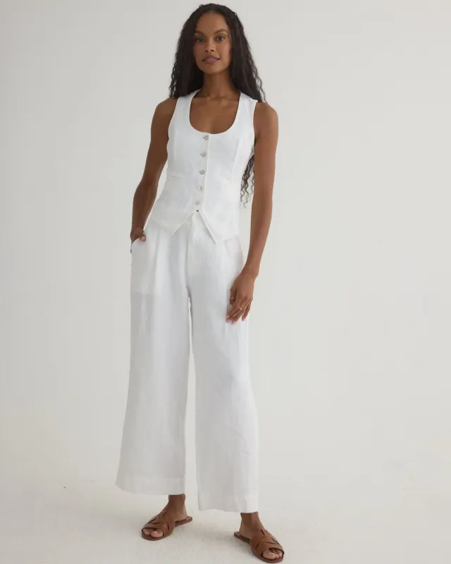 Luxe Linen Pleated Wide Leg Ankle Pant- White sold by Bella Dahl