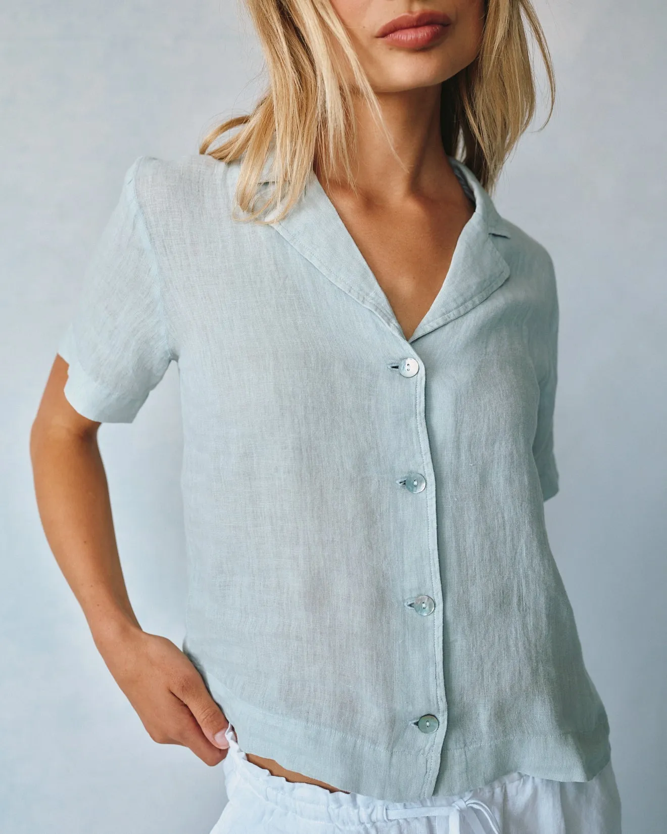 Linen Short Sleeve Flowy Button Down - Muted Sage sold by Bella Dahl