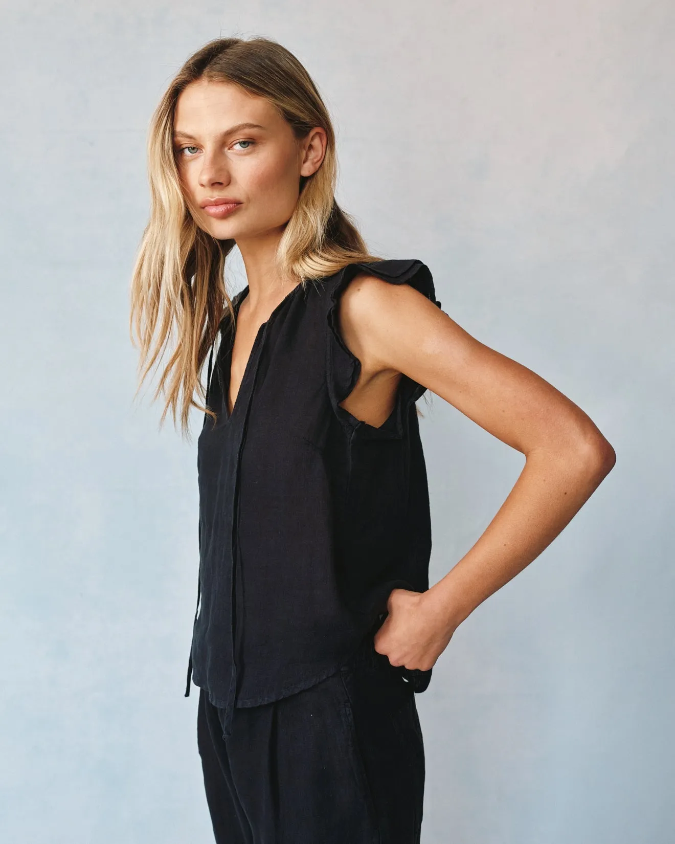 Linen Ruffle Sleeve Top - Black sold by Bella Dahl product image thumbnail 3