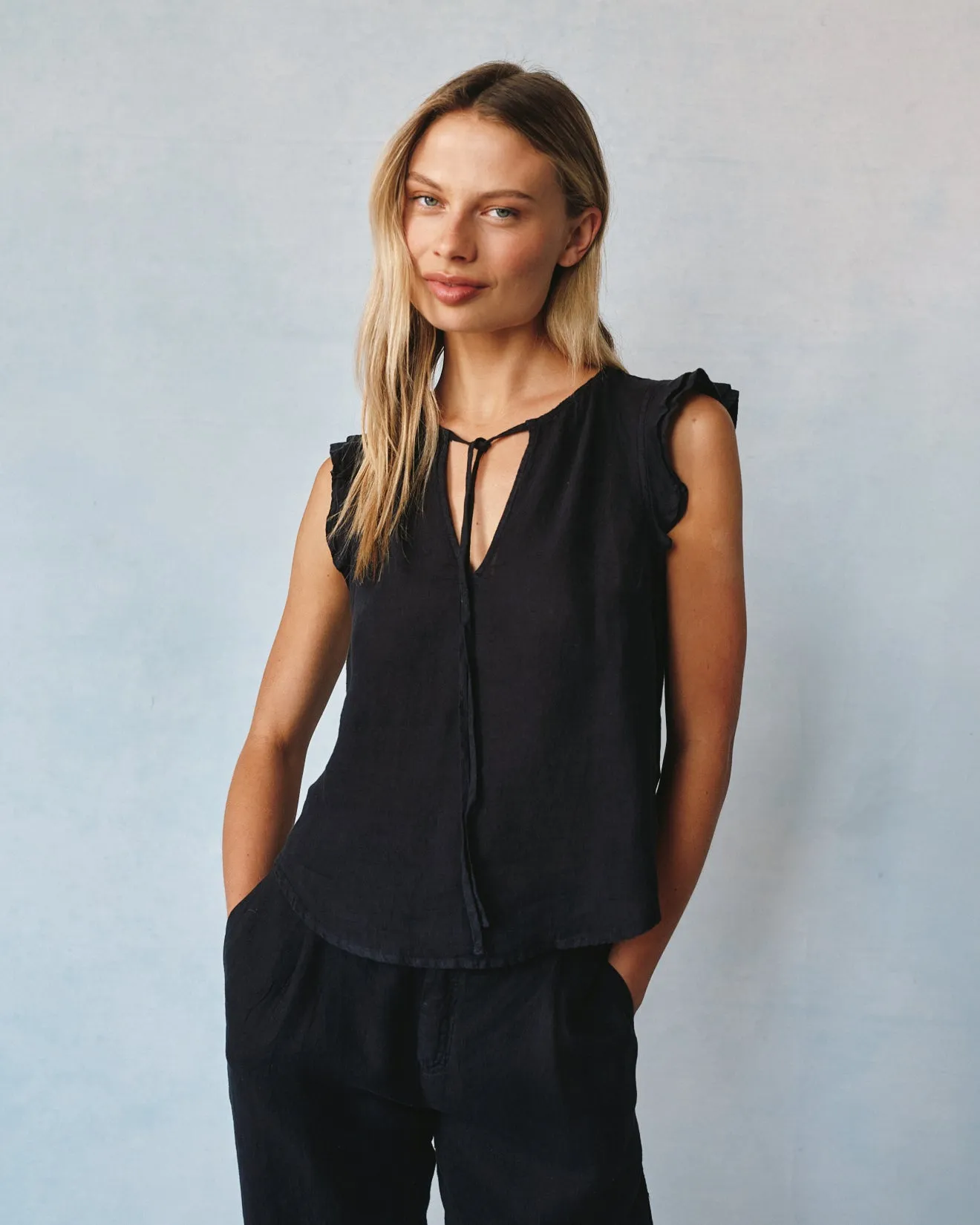 Linen Ruffle Sleeve Top - Black sold by Bella Dahl