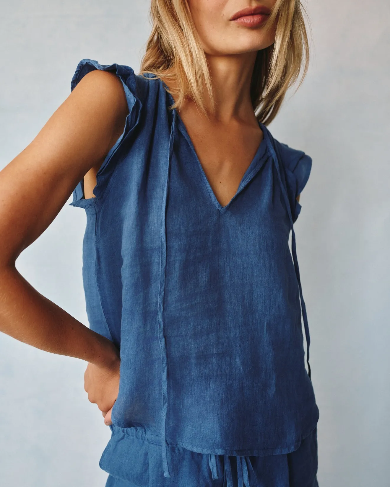 Linen Ruffle Sleeve Top - Antique Indigo sold by Bella Dahl