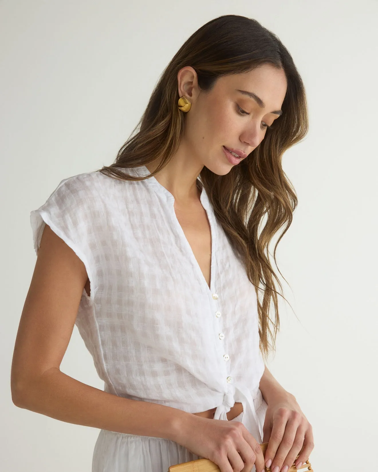 Short Sleeve Tie Front Top - White sold by Bella Dahl