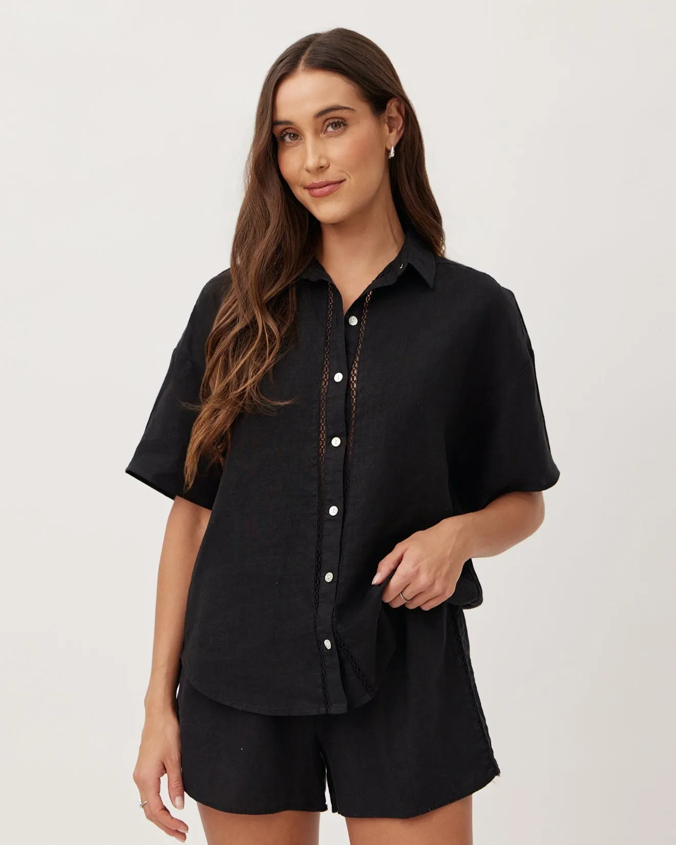 Lace Trim Button Down - Black sold by Bella Dahl