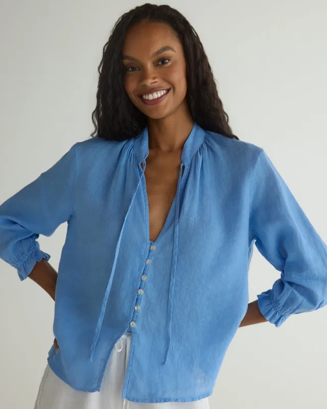 3/4 Sleeve Tie Neck Blouse - Riviera Blue sold by Bella Dahl
